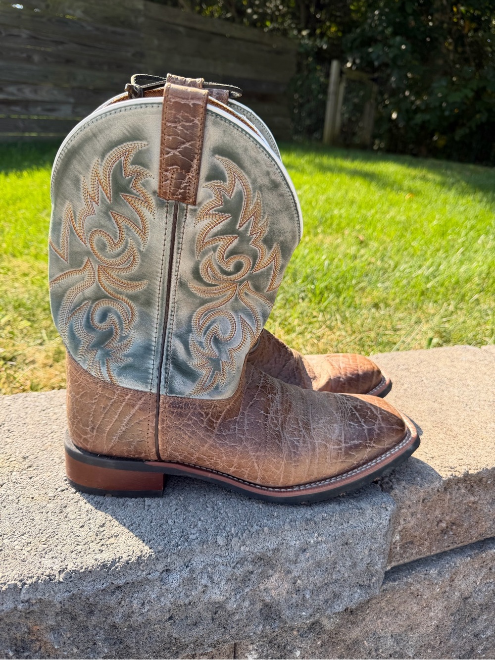 Laredo Two-Tone Brown Foot with Sage Embroidered Shaft Cowboy Boots